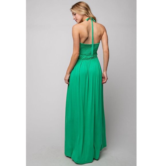 Off Shoulder Halter Dress Sleeveless Backless Smocked Ruched Pleated Dress Green - Picture 6 of 8